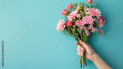 Arm holding colorful bouquet of flowers against blue backdrop © Artyom