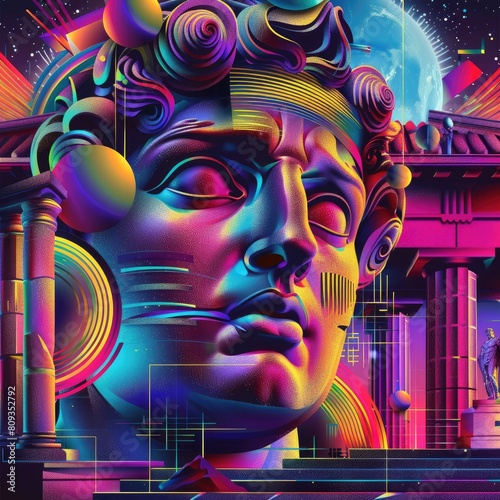 Psychedelic visual trends: surreal antique greek god sculpture, roman column, statues, vibrant neon colors, creating a mesmerizing and avant-garde fusion of past and present