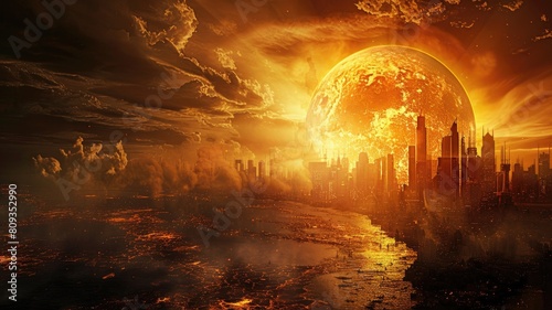 Apocalyptic cityscape with large exploding sun looming over fiery ruins and dramatic skies