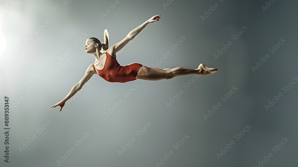 Naklejka premium In-flight gymnast: A female acrobatics performer leaps mid-air in a graceful routine