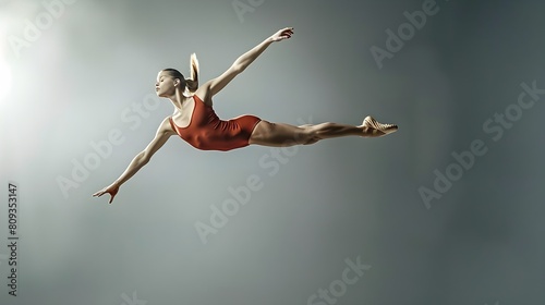 In-flight gymnast: A female acrobatics performer leaps mid-air in a graceful routine