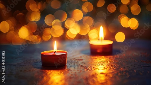 Two candles burning with bokeh background of warm lights