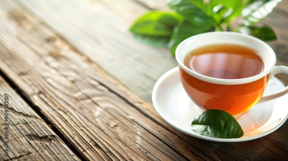 Transparent cup of tea with leaves on wooden surface Transparent cup of tea with leaves on wooden surface