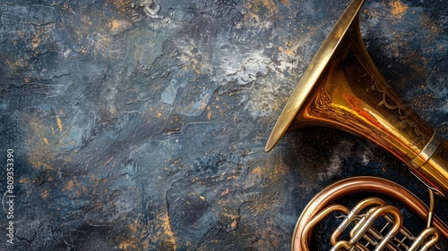 Brass French horn on abstract textured blue background