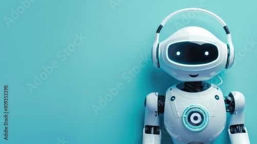 White humanoid robot with headset against blue background
