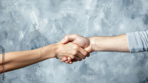 Two people shaking hands against textured, neutral background