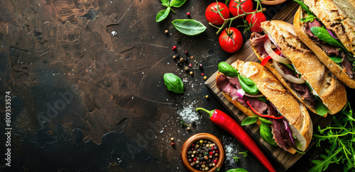 Gourmet sandwiches with fresh vegetables and herbs on rustic dark background