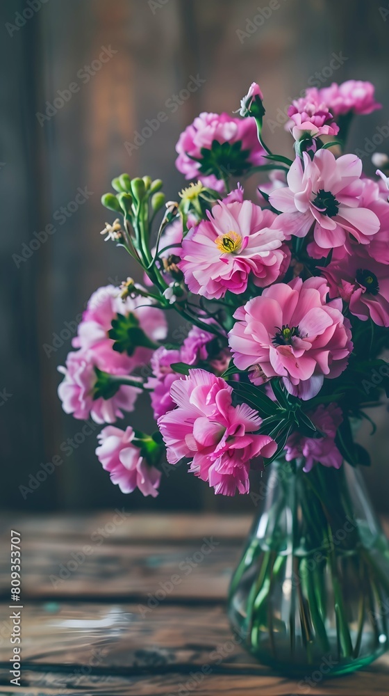 Happy mother's day! A beautiful bouquet of pink flowers, vibrant and delicate, sits gracefully on the wooden table, radiating a sense of tranquility and elegance Happy mother's day! A beautiful bouquet of pink flowers, vibrant and delicate, sits gracefully on the wooden table, radiating a sense of tranquility and elegance