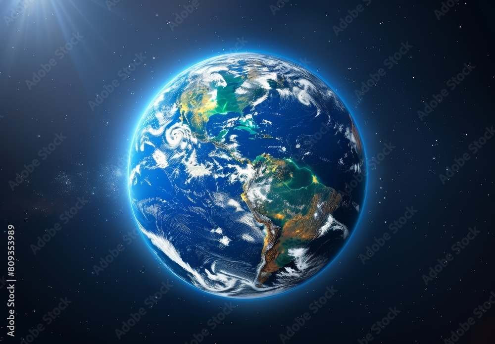 the earth from space, blue glow around the planet, realistic photography, blue background, --ar 16:11 Job ID: 78709951-c9e9-4215-9c7a-583611ed6455