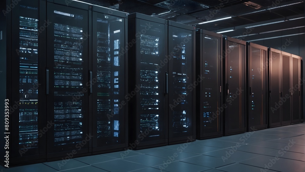 Server racks in computer network security server room data center. Contemporary background. Network server room with computers. Technology and telecommunication concept. Server racks in computer network security server room data center. Contemporary background. Network server room with computers. Technology and telecommunication concept.