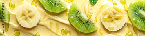 Detailed view of a sliced kiwi fruit and banana, over a creamy dessert, juicy summer banner