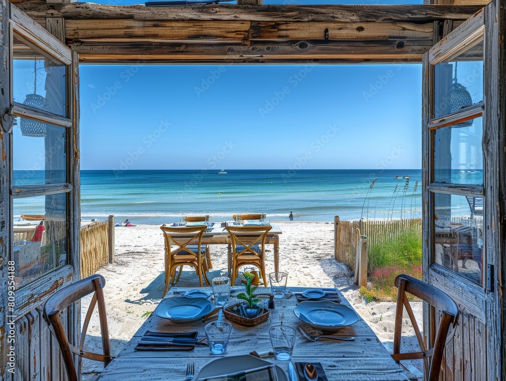 A restaurant on a beach during summer season, sunny day A restaurant on a beach during summer season, sunny day