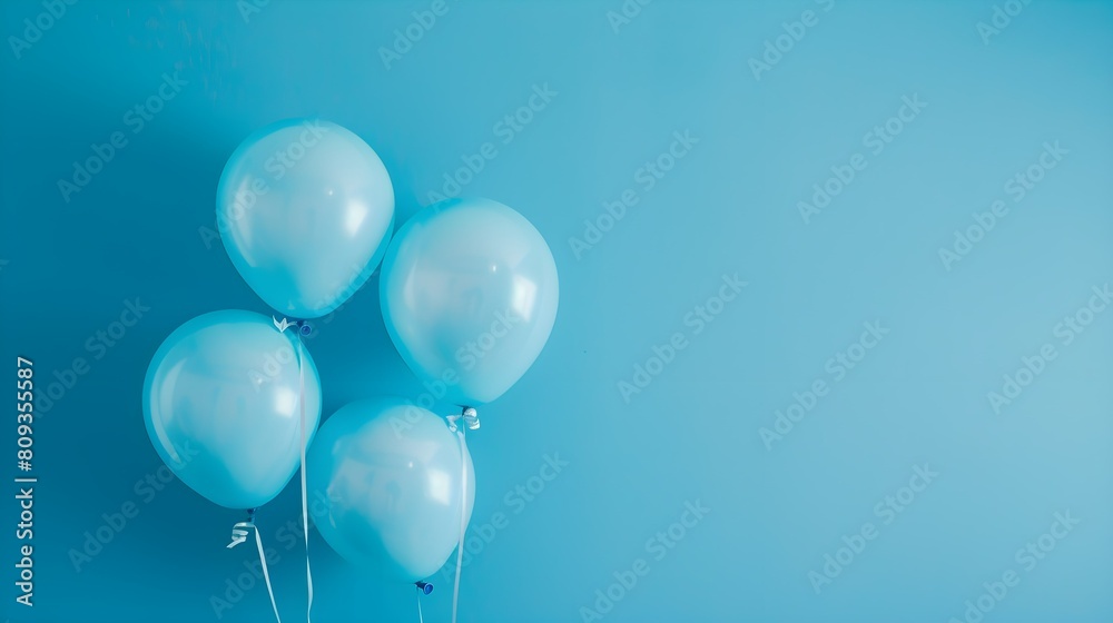 Blue helium balloons on blue background with copy space. Decoration for a birthday party, concept of happiness, and celebration. Blue balloons, background for wedding, anniversary.