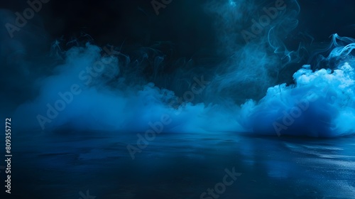 Black scene with blue smoke in the background. Blue mist on the ground. Fog backdrop. 