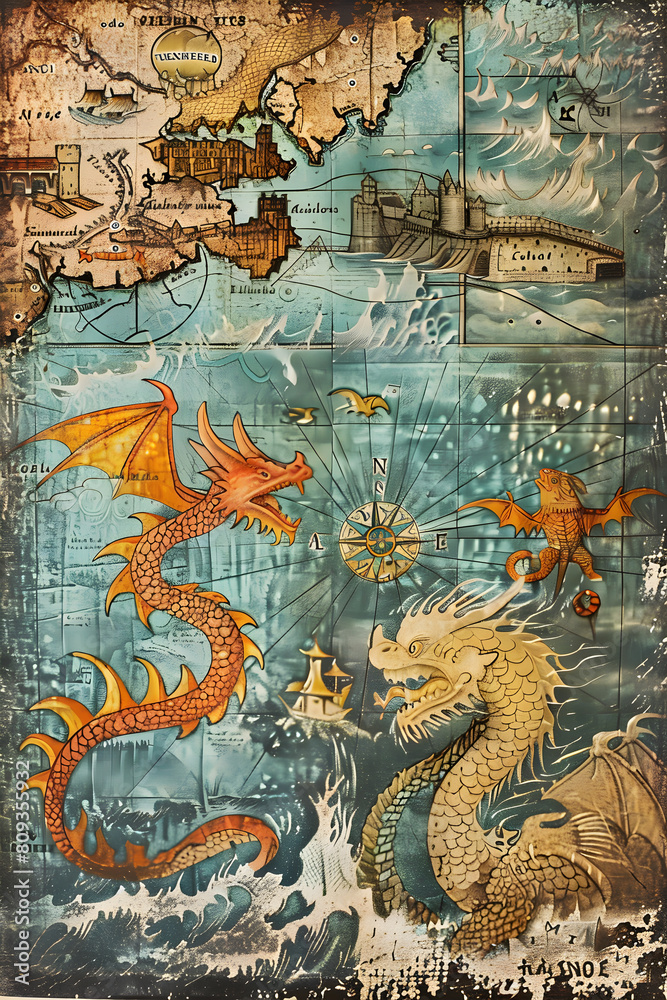 Vivid Book Cover Illustration Depicting Vintage Geography and Mythical Creatures
