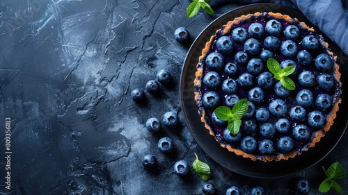 Fresh blueberry tart with mint on dark background
