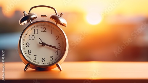 Alarm clock on the table with city background