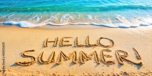 Summer Beach with greeting Hello Summer written in sand with gentle waves. Holiday summer beach background. Vivid colors, inviting glow, ideal for summer event promotions and holiday advertisements