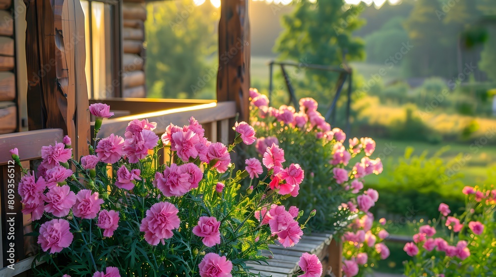 The terrace of the cottage, Pink carnation flowers dedicated to Mother's Day against the nature background

