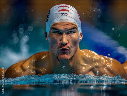 A man professional swimmer, sportsman in swimming pool © Thibaut Design Prod.