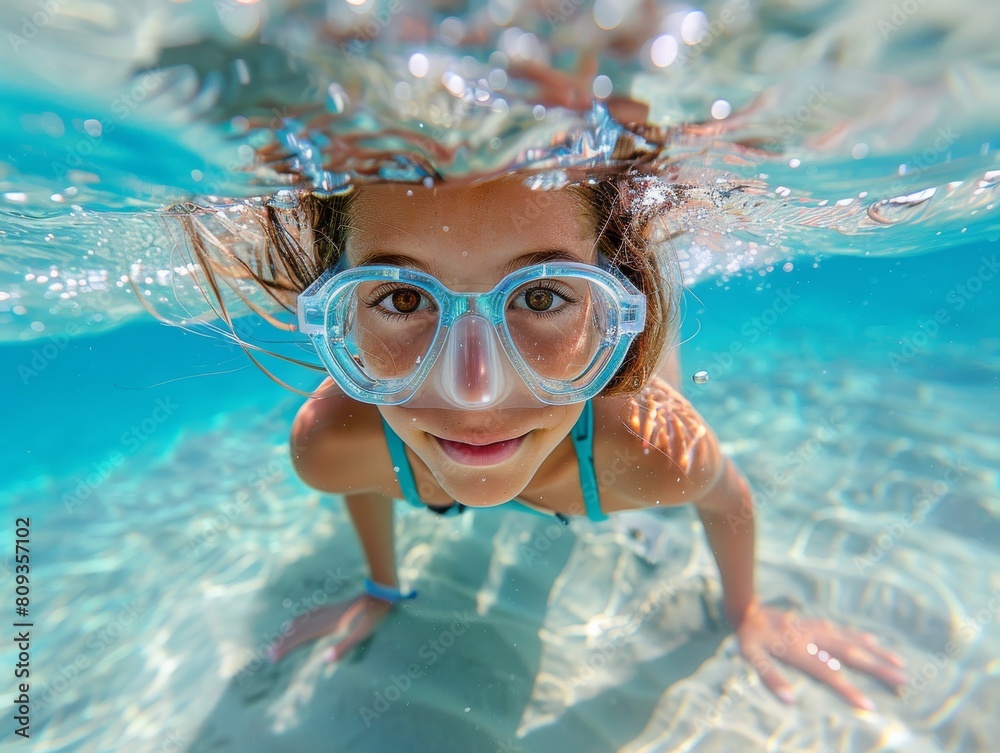Naklejka premium A girl, woman swimming and smiling underwater, swimming pool, ocean with diving goggles