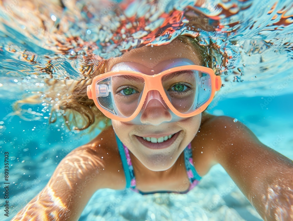 Naklejka premium A girl, woman swimming and smiling underwater, swimming pool, ocean with diving goggles