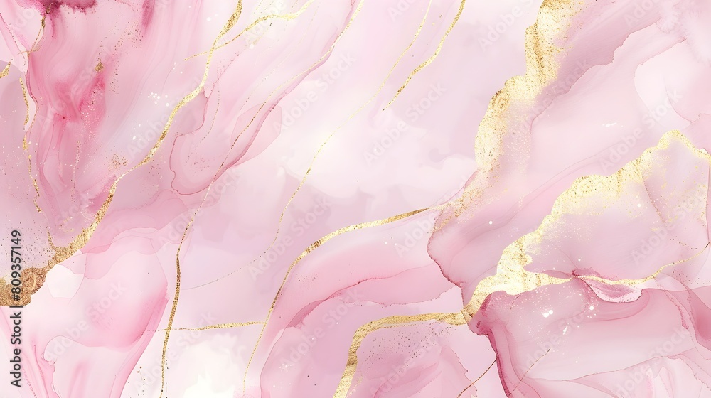 Abstract dusty blush liquid watercolor background with golden crackers. Pastel pink marble alcohol ink drawing effect. Vector illustration design template for wedding invitation