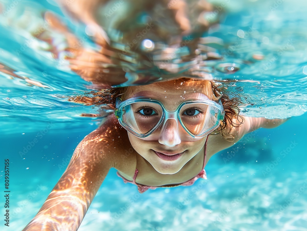 Fototapeta premium A girl, woman swimming and smiling underwater, swimming pool, ocean with diving goggles