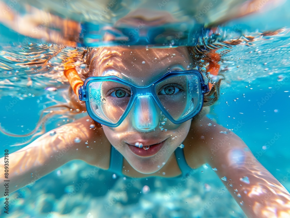 Naklejka premium A girl, woman swimming and smiling underwater, swimming pool, ocean with diving goggles