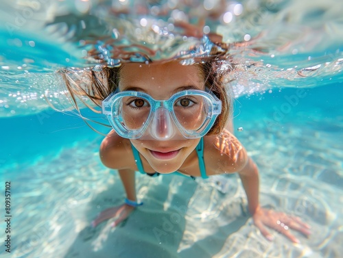A girl, woman swimming and smiling underwater, swimming pool, ocean with diving goggles © Thibaut Design Prod.