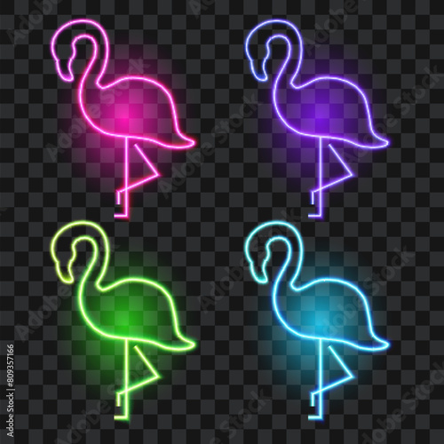 Neon flamingo set, glowing bird signs isolated on transparent background, vector illustration.