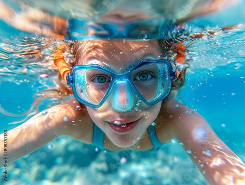A girl  woman swimming and smiling underwater  swimming pool  ocean with diving goggles