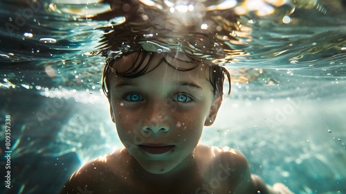 A young boy with brilliant blue eyes joyfully explores the underwater world, his face illuminated by the dancing sunlight filtering through the water