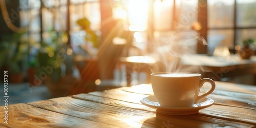 Cup of steaming coffee on a table in the sun