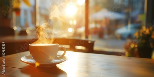 Cup of steaming coffee on a table in the sun