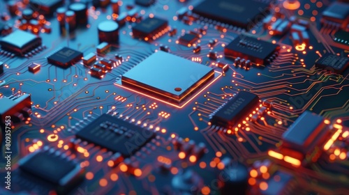 Macro Close up of components and microchips on PC circuit board photo