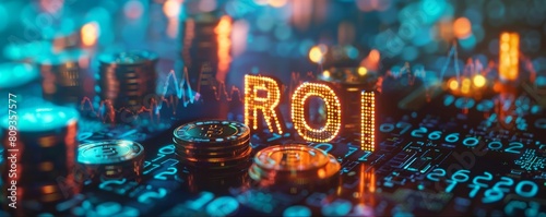 Glowing roi concept on financial technology background