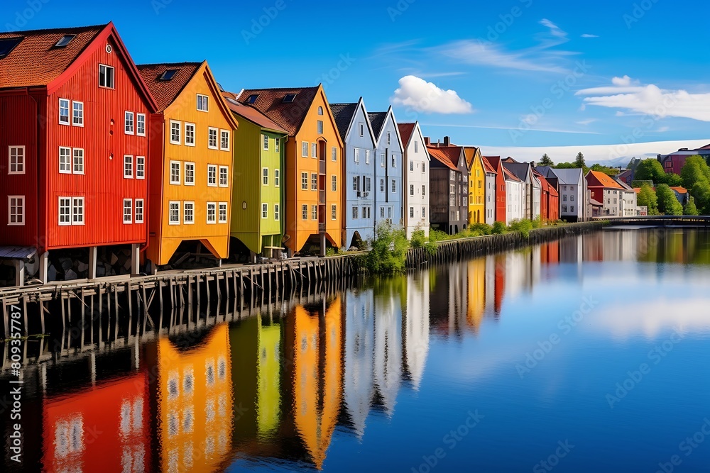Fototapeta premium Colorful houses on the waterfront in Trondheim, Norway.