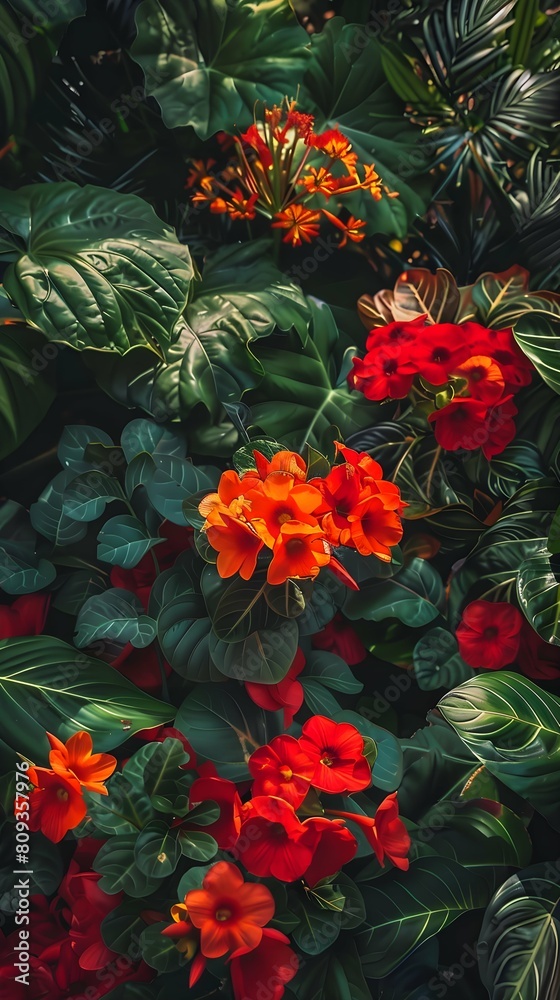 A vibrant group of red and orange flowers are nestled among lush green leaves, creating a stunning contrast of colors and textures in a natural setting
