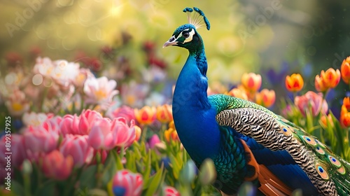 A vibrant peacock with colorful feathers gracefully stands amidst a field of blooming flowers, creating a stunning and picturesque scene