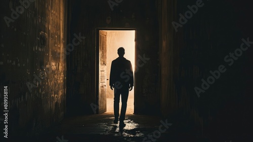 Man silhouette walking away in the light of opening door in dark  soft light photography