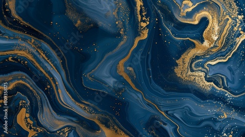 Blue marble and gold abstract background texture. Indigo ocean blue marbling with natural luxury style swirls of marble and gold powder.