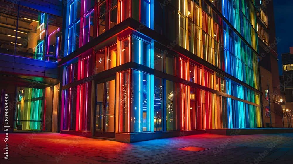 A striking display of colorful lights illuminates the night in front of a building, creating a mesmerizing and energetic atmosphere 
