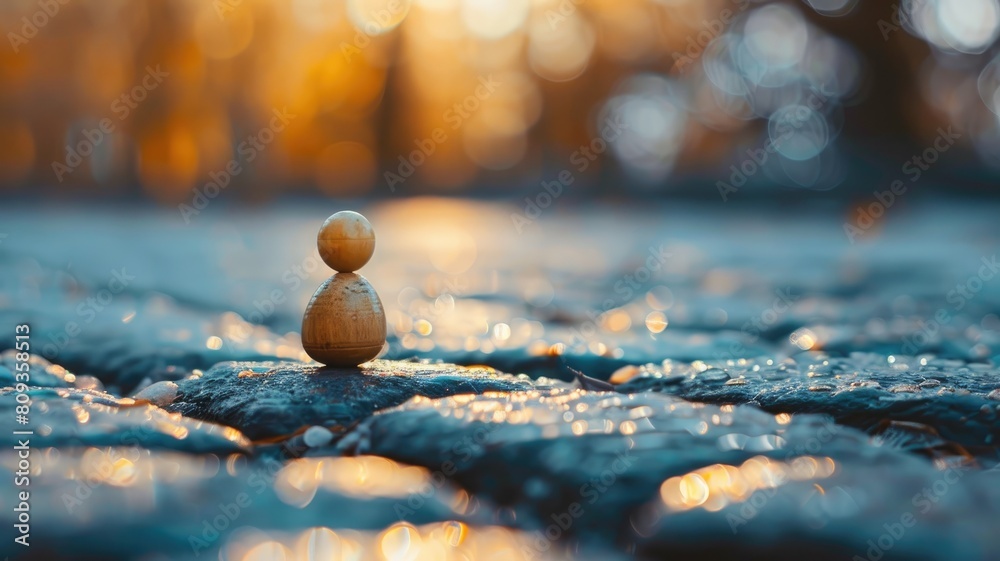 Obraz premium Wooden pawn piece on cobblestone path with golden sunlight