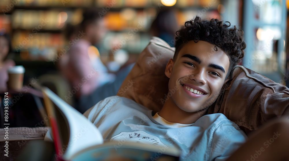 Relaxed Young African American Man Enjoying a Book in a Cozy Coffee Shop, Copy Space for Text
