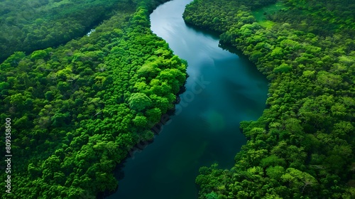 A serene river winds its way through a lush forest, its tranquil surface reflecting the verdant trees that line its banks