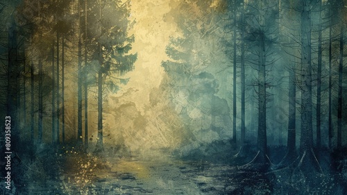 Mystical forest scene with sunbeams penetrating fog