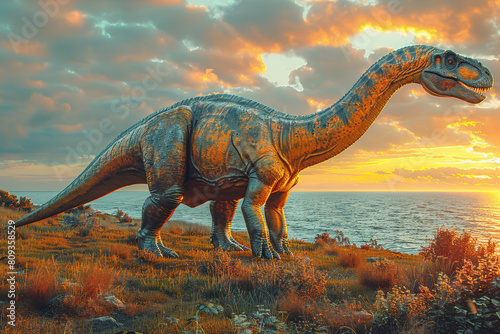 A majestic Sauroposeidon, with its immense size and long neck, towering over the ancient landscape as the largest dinosaur of its time. Concept of colossal herbivore. Generative Ai.