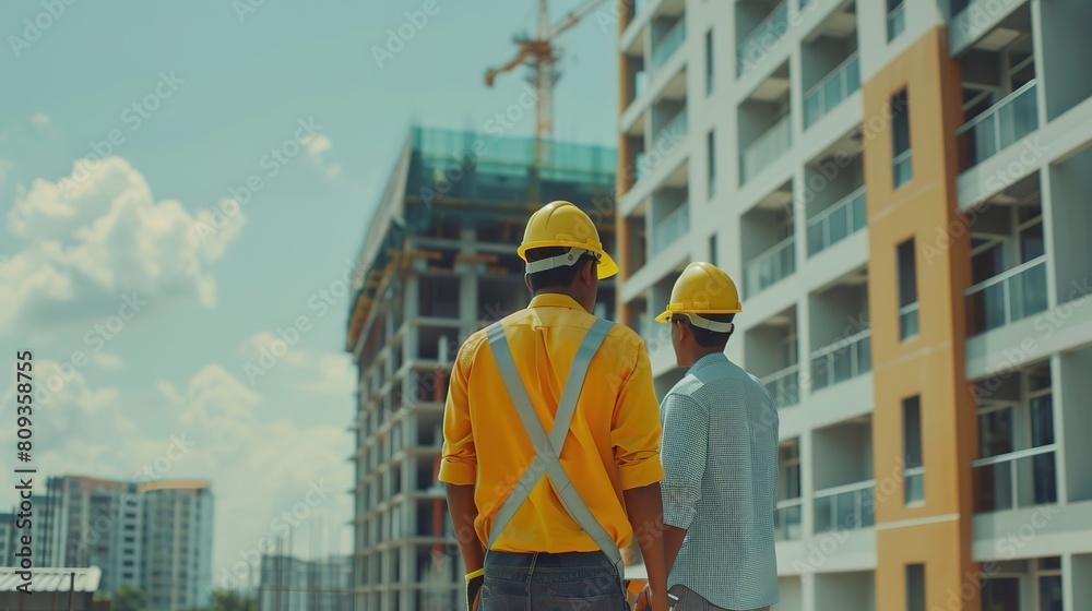 Teamwork of civil technician engineer and professional architect working together to inspect and discuss the infrastructure plan details of building construction progress at site Teamwork of civil technician engineer and professional architect working together to inspect and discuss the infrastructure plan details of building construction progress at site