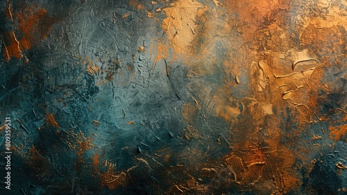 Textured surface with blue and orange hues resembling oxidized copper